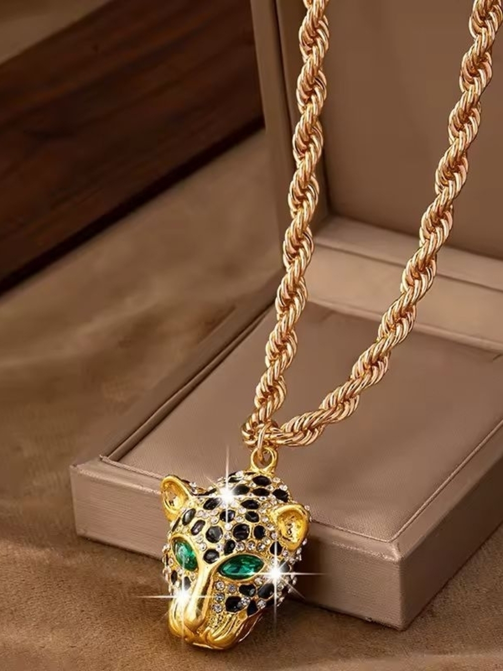 Gold Leopard Head Pendant Necklace with Green and Black Details - Picture 4 of 6